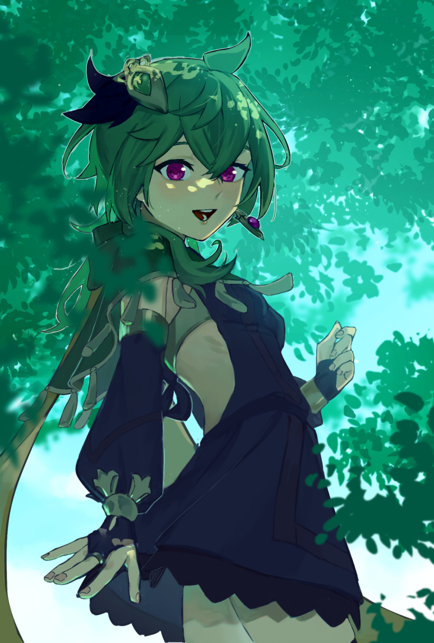 1girl black_dress breasts capelet clothing_cutout collei_(genshin_impact) day detached_sleeves dress earrings genshin_impact green_capelet green_hair hair_between_eyes hair_ornament highres jewelry looking_at_viewer medium_hair open_mouth outdoors pink_eyes side_cutout single_earring small_breasts solo tassel yamimumemo