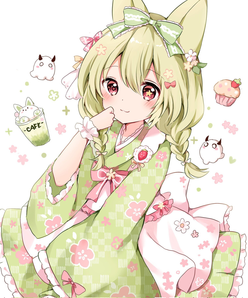 1girl animal_ears blush bow braid closed_mouth commentary cupcake floral_print flower food frilled_kimono frills green_bow green_kimono hair_between_eyes hair_bow hair_flower hair_ornament hand_up highres japanese_clothes kimono kokoshira_0510 light_green_hair long_sleeves looking_at_viewer original pink_bow red_eyes sleeves_past_wrists smile solo symbol-only_commentary twin_braids white_background wide_sleeves wrist_cuffs