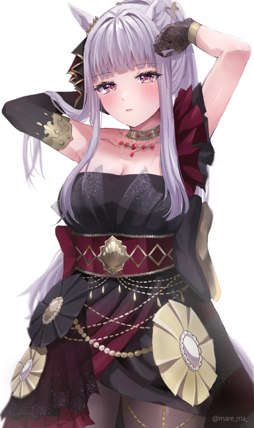 1girl absurdres animal_ears black_dress black_gloves blush breasts closed_mouth dress gloves gold_ship_(la_mode_564)_(umamusume) gold_ship_(umamusume) grey_hair highres horse_ears horse_girl horse_tail large_breasts long_hair looking_at_viewer mare_ma official_alternate_costume pink_eyes simple_background solo tail umamusume white_background