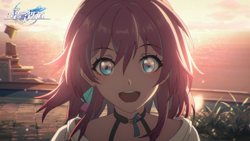 1girl black_choker chinese_commentary choker day earrings hair_between_eyes happy highres honkai:_star_rail honkai_(series) jewelry looking_at_viewer march_7th_(honkai:_star_rail) medium_hair ocean official_art official_wallpaper open_mouth outdoors pink_hair plant red_eyeliner shirt sky solo sunset teeth upper_body upper_teeth_only white_shirt