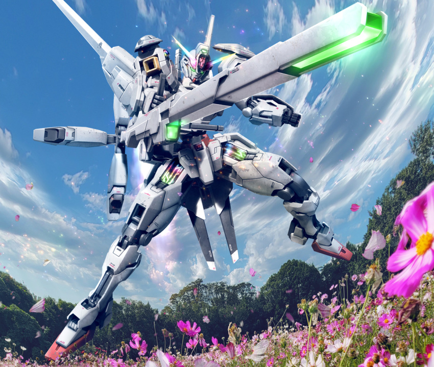 aiming beam_cannon blue_sky clouds cloudy_sky commentary commentary_request day energy_cannon exhaust field flower flower_field flower_request glowing glowing_eyes green_eyes gundam gundam_calibarn gundam_suisei_no_majo hiropon_(tasogare_no_puu) holding holding_weapon looking_ahead mecha mobile_suit no_humans outdoors partial_commentary photo_background purple_flower robot science_fiction sky solo thrusters tree v-fin weapon