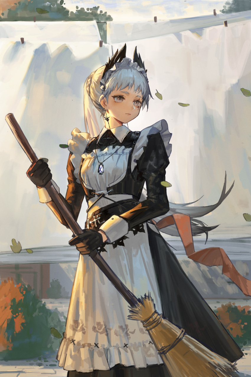 1girl absurdres arknights black_gloves broom brown_eyes clothesline earrings flat_chest gloves grey_hair highres holding holding_broom irene_(arknights) jewelry leaf long_hair maid_headdress necklace peach21 ponytail scar solo