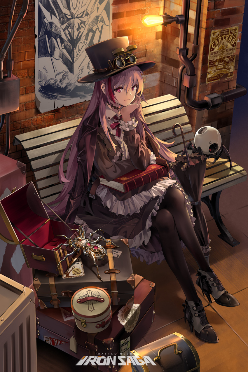 1girl artist_request belt book briefcase bug hat highres iron_saga light_bulb multicolored_hair official_art poster_(object) purple_hair redhead robot sitting_on_bench spider umbrella violet_eyes