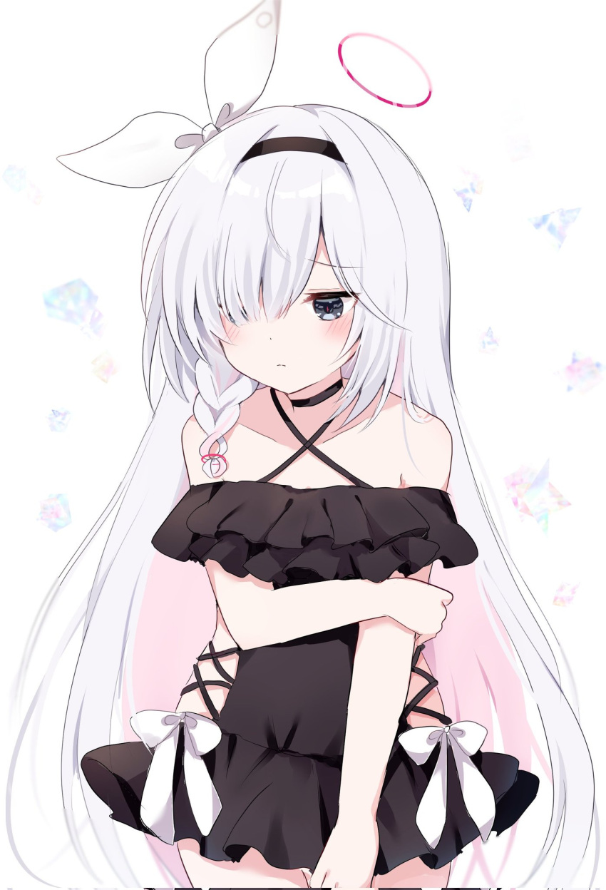 1girl bare_shoulders black_choker black_dress black_hairband blue_archive blush bow bow_hairband braid choker closed_mouth collarbone dress frills grey_eyes hair_over_one_eye hairband halo halterneck highres holding_own_arm kokoshira_0510 long_hair looking_down multicolored_hair off-shoulder_one-piece_swimsuit off_shoulder one-piece_swimsuit pink_hair plana_(blue_archive) ribbon single_braid solo swimsuit very_long_hair white_background white_bow white_hair white_ribbon