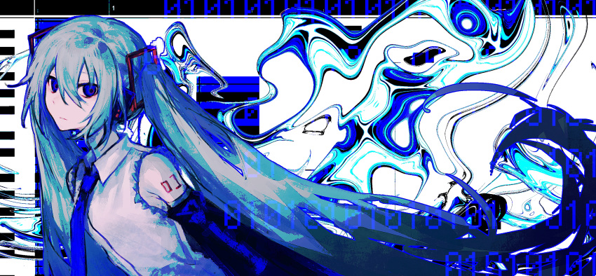 1girl :| bare_shoulders binary black_sleeves blue_eyes blue_hair blue_necktie blue_theme breasts closed_mouth collared_shirt colored_skin detached_sleeves dot_nose expressionless from_side hair_between_eyes hair_ornament hatsune_miku highres huaji_niang long_hair long_sleeves looking_at_viewer necktie number_tattoo ringed_eyes shirt sidelocks sleeveless sleeveless_shirt small_breasts solo tattoo twintails upper_body very_long_hair vocaloid white_shirt white_skin