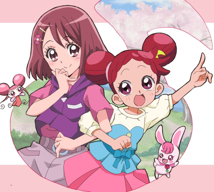 2girls :d arm_up blush commentary_request cosplay costume_switch crossover dodo_(ojamajo_doremi) double_bun fairy grey_shorts hair_bun hair_ornament hairpin hanadera_nodoka hand_to_own_mouth hand_up harukaze_doremi healin'_good_precure highres hood hood_down hooded_jacket jacket locked_arms long_hair looking_at_another masaru_(win800) multiple_girls musical_note ojamajo_doremi open_mouth pink_eyes pink_shirt pink_skirt pleated_skirt pointing pointing_up precure purple_jacket rabbit rabirin_(precure) redhead shirt short_hair short_sleeves shorts skirt sleeveless sleeveless_jacket smile t-shirt