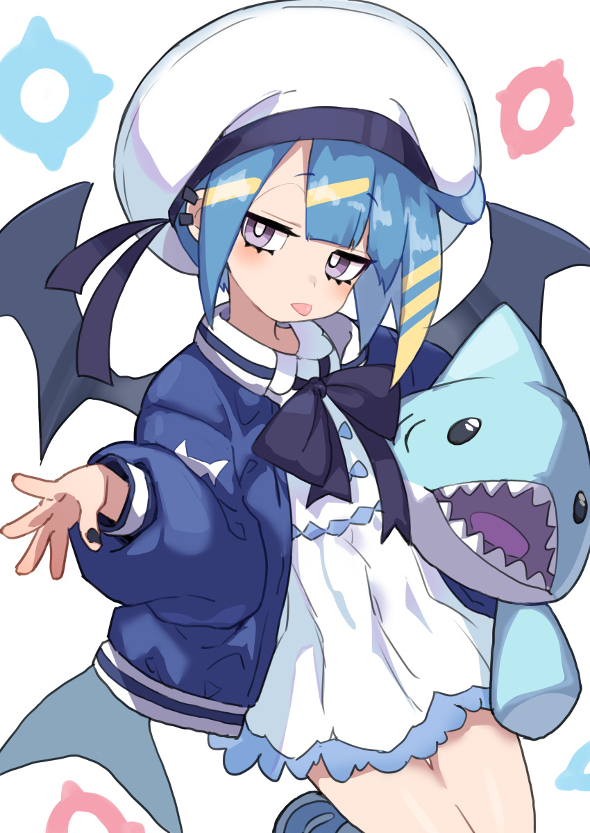 1girl :p absurdres blonde_hair blue_hair blue_jacket demon_wings duel_monster gazacy_(dai) hat highres holding jacket large_hat lil-la_(yu-gi-oh!) live_twin_lil-la long_sleeves looking_at_viewer multicolored_hair open_clothes open_jacket shoes short_hair solo stuffed_animal stuffed_shark stuffed_toy tongue tongue_out violet_eyes wings yu-gi-oh!