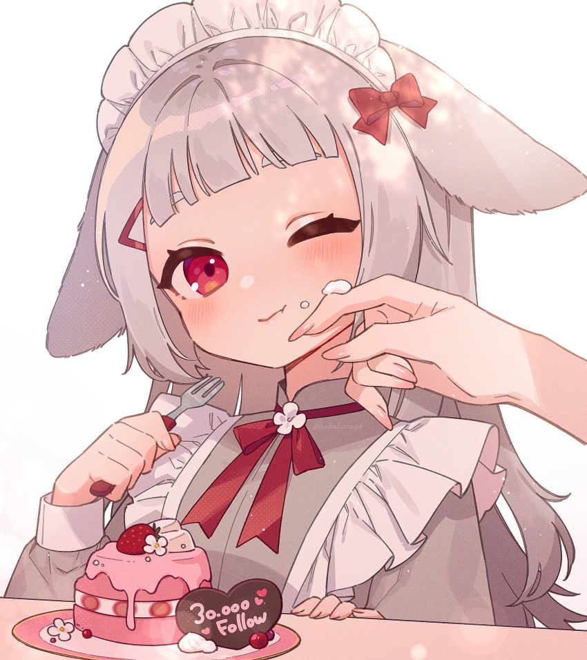 2girls animal_ears apron blush cake dress eating feet_out_of_frame food food_on_face fork frilled_apron frills goshi-san grey_dress hair_ornament hairclip heart highres holding holding_fork long_hair lop_rabbit_ears maid maid_headdress multiple_girls neck_ribbon one_eye_closed original rabbit_ears red_eyes red_ribbon ribbon solo_focus white_apron white_background
