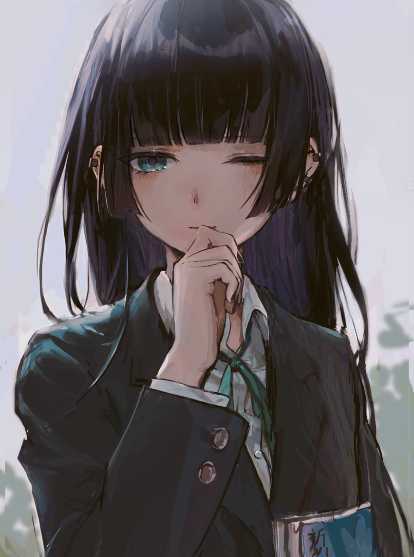 1girl black_hair black_jacket blazer blunt_bangs bocchi_the_rock! closed_mouth collared_shirt commentary_request dress_shirt earrings green_eyes grey_background half-closed_eye hand_up highres jacket jewelry light_smile long_hair long_sleeves looking_at_viewer pa-san revision school_uniform shirt simple_background solo tentsuu_(tentwo) white_shirt