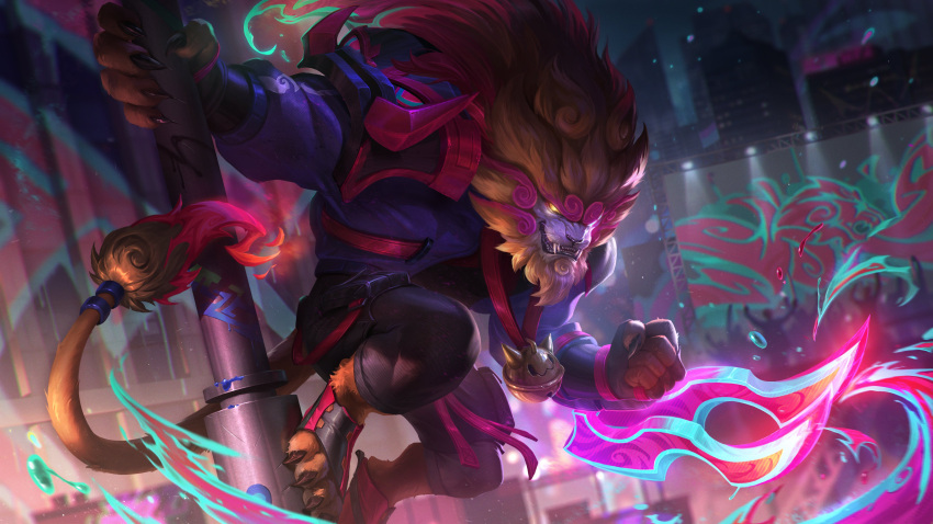 1boy absurdres armor bell black_pants blue_jacket brown_hair building city cityscape claws clenched_hand english_commentary fangs glowing glowing_eyes graffiti highres jacket league_of_legends light night official_alternate_costume official_alternate_hairstyle official_art outdoors pants rengar sharp_teeth shoulder_armor solo street_demon_rengar tail teeth