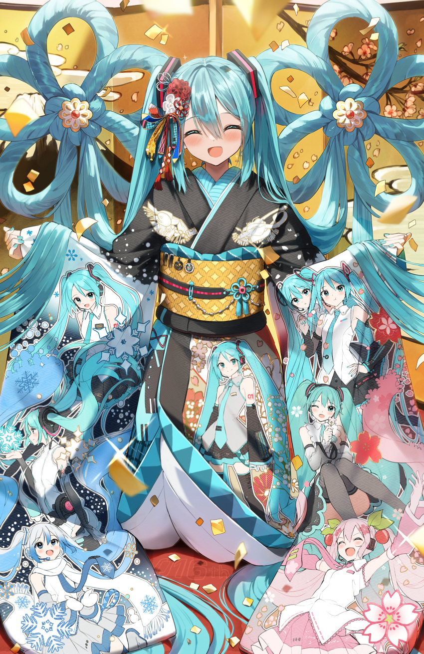 1girl :d ^_^ absurdly_long_hair absurdres black_kimono black_skirt blue_eyes blue_hair blue_nails blue_necktie blush character_profile closed_eyes collared_shirt commentary_request facing_viewer flower grey_shirt hair_between_eyes hair_flower hair_ornament hatsune_miku hatsune_miku_(nt) hatsune_miku_(vocaloid3) hatsune_miku_(vocaloid4) highres japanese_clothes kimono long_hair long_sleeves miku_append nail_polish necktie obi pentagon_(railgun_ky1206) piapro pinching_sleeves pleated_skirt red_flower sakura_miko sakura_miku sash shirt skirt sleeves_past_wrists smile solo twintails very_long_hair vocaloid vocaloid_append white_flower white_shirt wide_sleeves yuki_miku yuki_miku_(2011)