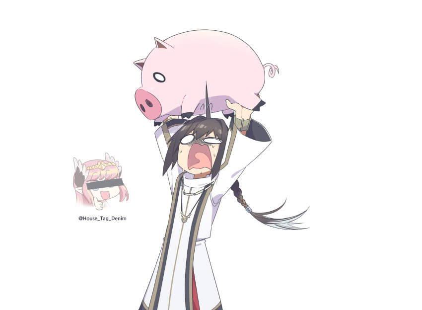 ahoge animal black_hair braid censored circe_(fate) fate/samurai_remnant highres holding holding_animal house_tag_denim identity_censor jewelry long_hair nervous_sweating pendant pig pink_hair riyo_(lyomsnpmp)_(style) saber_(fate/samurai_remnant) sweat thumbs_up twitter_username white_background
