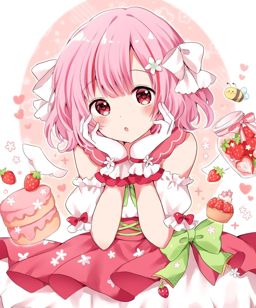 1girl bare_shoulders bee blush bow bug detached_sleeves detached_wings dress flower food fruit gloves hair_bow hair_flower hair_ornament hair_ribbon hands_on_own_face heart highres kokoshira_0510 looking_at_viewer macaron original pink_eyes pink_hair pink_sailor_collar red_eyes ribbon sailor_collar short_hair solo strawberry white_gloves wings