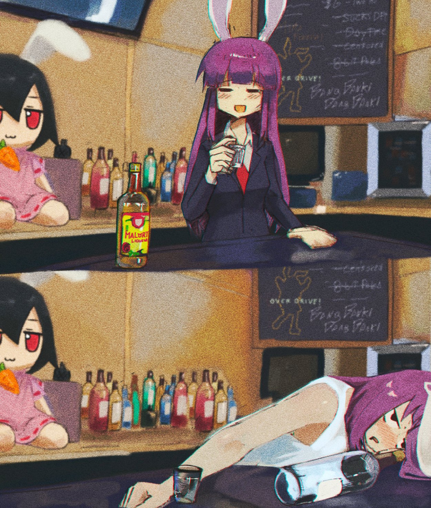 1girl :3 alcohol animal_ears bar_(place) bottle carrot closed_eyes drunk film_grain fumo_(doll) highres inaba_tewi long_hair necktie nyztsune purple_hair rabbit_ears rabbit_girl red_eyes reisen_udongein_inaba solo tank_top touhou
