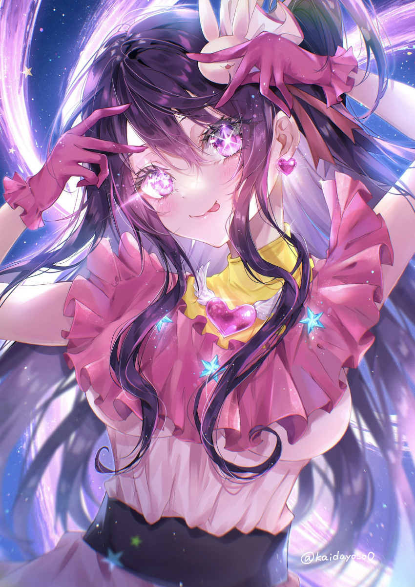 1girl :p blush close-up earrings eyes_visible_through_hair gloves hair_ornament heart heart_earrings highres hoshino_ai's_pose hoshino_ai_(oshi_no_ko) jewelry kaidayo looking_at_viewer oshi_no_ko pink_gloves purple_hair rabbit_hair_ornament smile solo star-shaped_pupils star_(symbol) starry_background symbol-shaped_pupils tongue tongue_out twitter_username upper_body violet_eyes