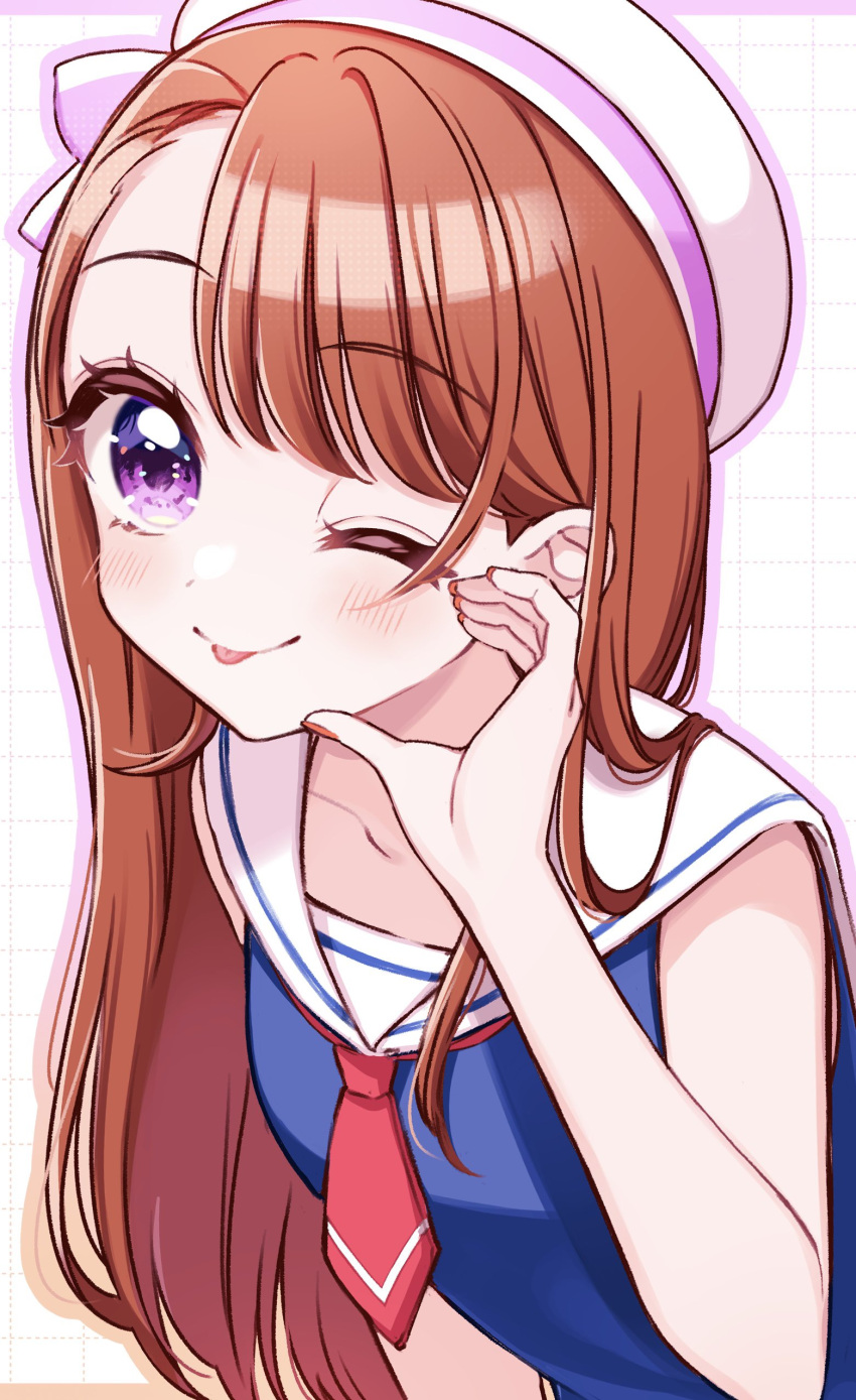 1girl :p ;p absurdres asymmetrical_bangs brown_hair hat highres hijiri_ageha hirogaru_sky!_precure kuzumochi long_hair neckerchief one_eye_closed pink_nails precure red_neckerchief sailor_collar sailor_hat smile solo tongue tongue_out violet_eyes white_headwear white_sailor_collar