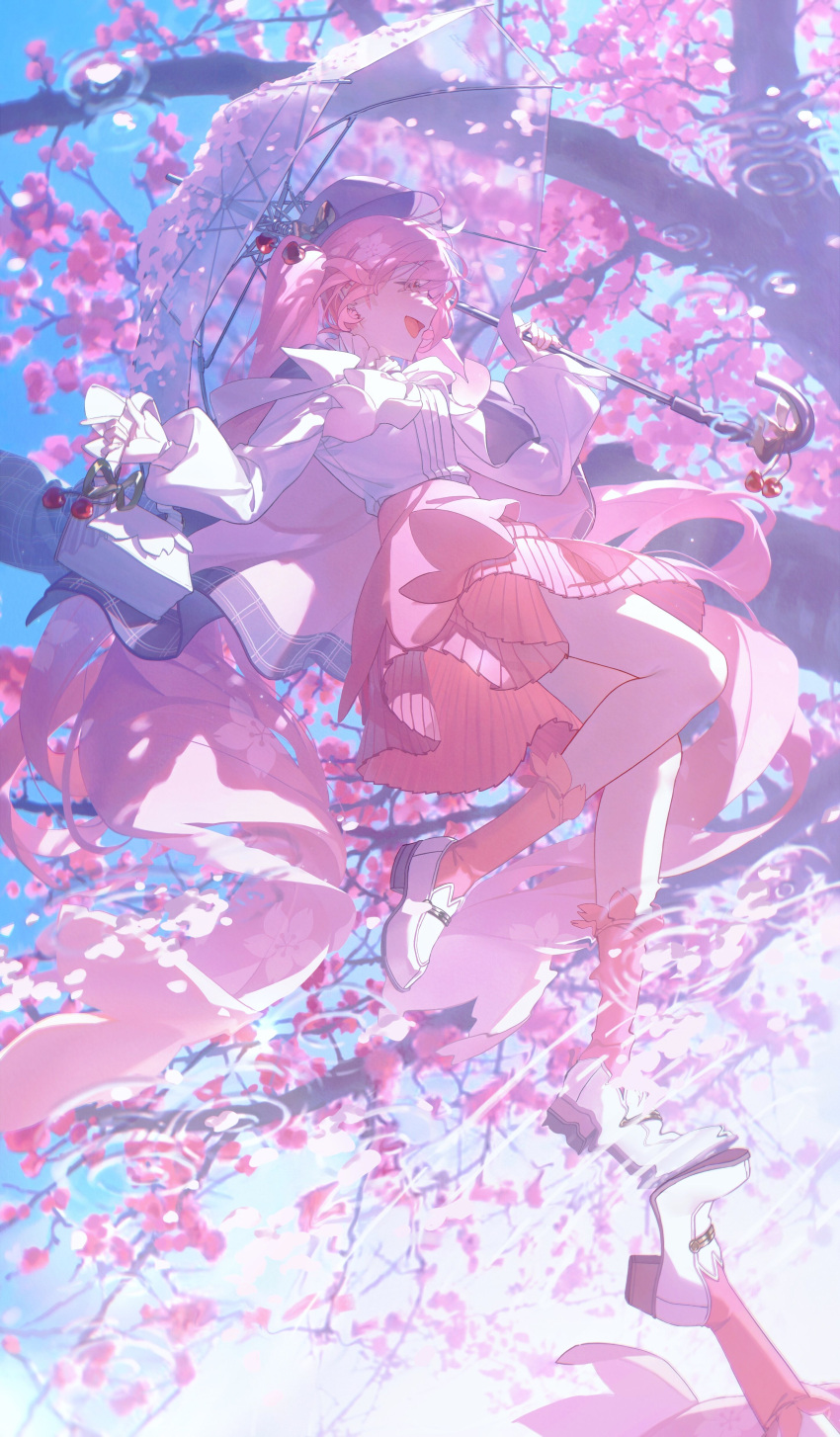 1girl :d absurdres bow branch breasts character_request check_character cherry_blossoms closed_eyes flower full_body hatsune_miku highres holding holding_umbrella konya_karasue long_hair long_sleeves medium_breasts pink_flower pink_hair pink_skirt pink_socks pleated_skirt puffy_long_sleeves puffy_sleeves sakura_miku shirt skirt smile socks solo tree twintails umbrella very_long_hair vocaloid white_bow white_footwear white_shirt