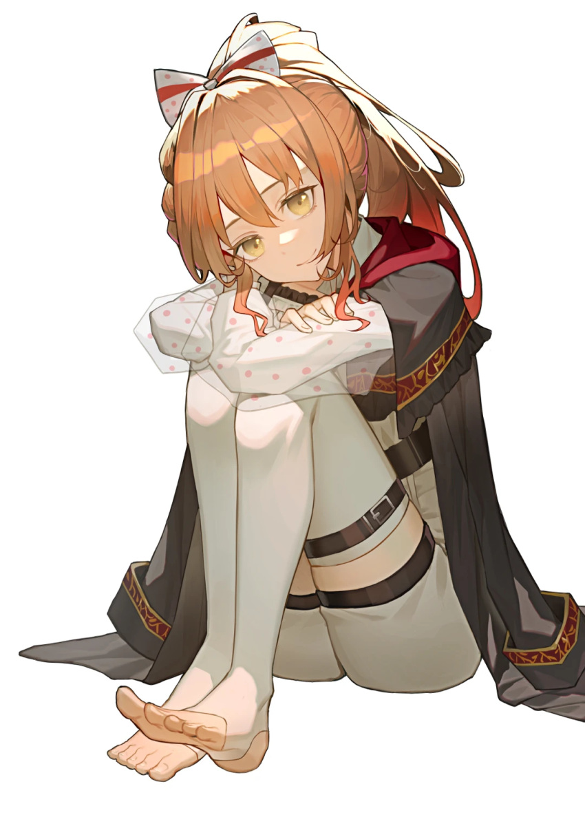 1girl belt black_jacket bow brown_belt brown_hair commission crossed_arms eine_(virtuareal) elbow_rest elbows_on_knees foot_up full_body hair_bow head_rest head_tilt highres jacket jacket_on_shoulders knees_up long_hair looking_at_viewer nijisanji on_ground polka_dot_sleeves ponytail second-party_source see-through see-through_sleeves shirt shorts sitting smile solo stirrup_legwear stkme thigh-highs thigh_belt thigh_strap toeless_legwear toes virtual_youtuber virtuareal white_background white_bow white_shirt white_shorts white_thighhighs yellow_eyes