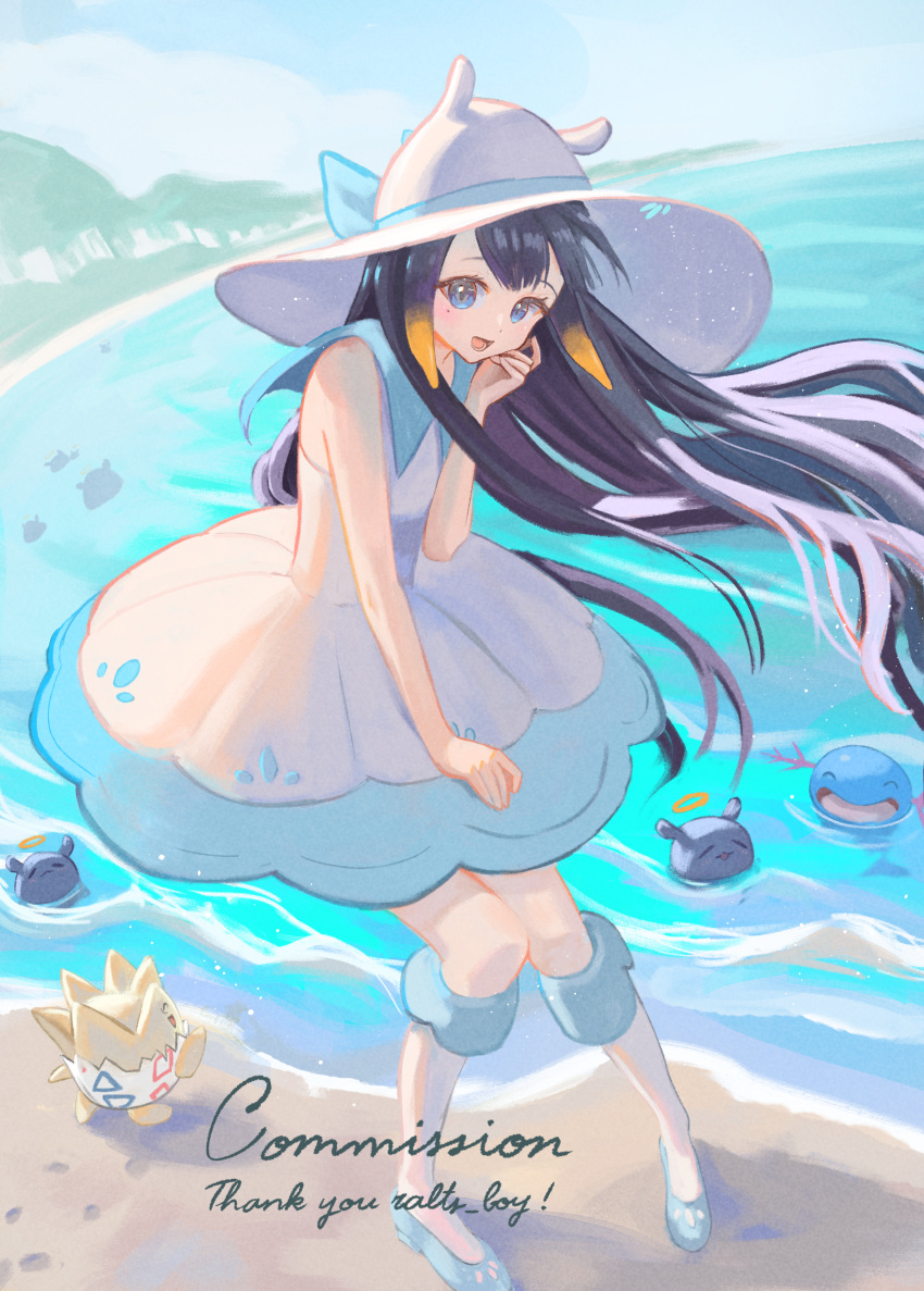 1girl 4others :d absurdres beach besidoesart blue_collar blue_eyes blue_footwear blue_ribbon blue_sky clouds collar commission cosplay dress english_text floating_hair footprints hat hat_ribbon highres hololive hololive_english kneehighs lillie_(pokemon) lillie_(pokemon)_(cosplay) long_hair looking_at_viewer mole multiple_others ninomae_ina'nis orange_hair pokemon pokemon_(game) pokemon_sm purple_hair ribbon sand sky smile socks sun_hat swimming takodachi_(ninomae_ina'nis) tentacle_hair togepi twitter_username very_long_hair virtual_youtuber white_dress white_headwear white_socks wide_brim wind wooper