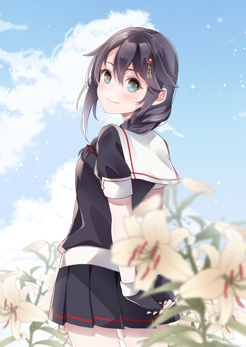 1girl absurdres ahoge black_gloves black_hair black_serafuku black_shirt black_skirt blue_eyes blue_sky blurry braid clouds commentary_request cowboy_shot day depth_of_field fingerless_gloves flower from_behind gloves hair_flaps hair_over_shoulder highres kantai_collection kukimaru long_hair looking_at_viewer looking_back outdoors pleated_skirt school_uniform serafuku shigure_(kancolle) shirt single_braid skirt sky solo