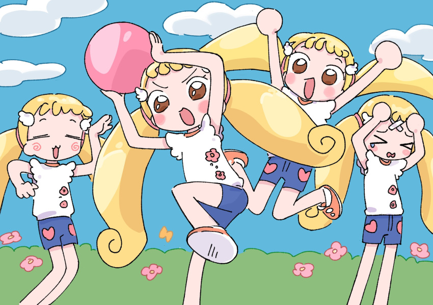 &gt;_&lt; 1nupool :d arms_up ball blonde_hair blue_shorts blue_sky blush brown_eyes clone closed_eyes clouds commentary_request floral_print flower grass hands_on_own_head heart heart_print highres holding holding_ball jumping long_hair looking_at_viewer low_twintails makihatayama_hana ojamajo_doremi open_mouth orange_footwear outdoors pain pink_flower shirt shoes short_shorts shorts sky smile standing tearing_up twintails very_long_hair white_shirt wing_hair_ornament