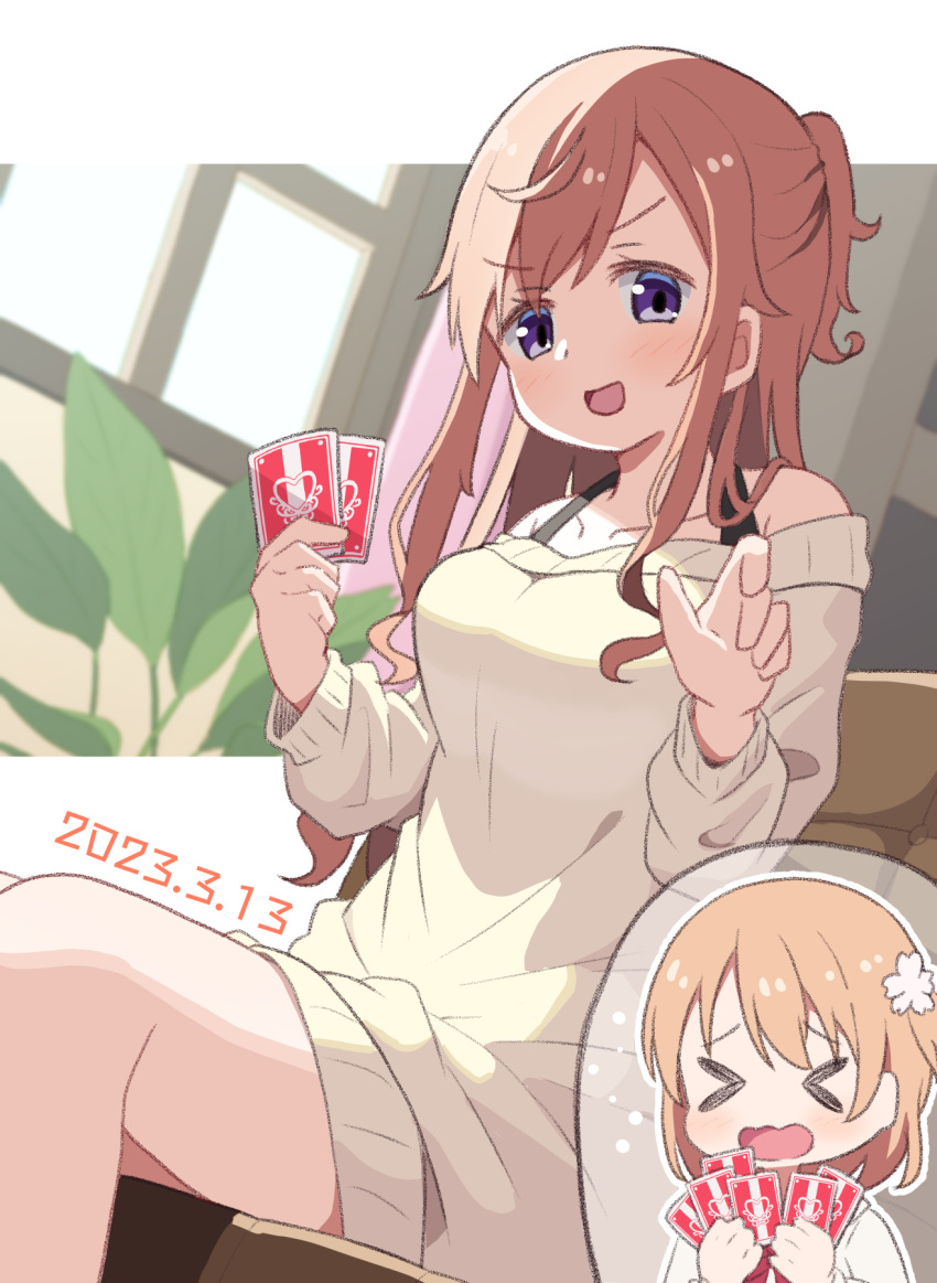 &gt;_&lt; 2girls breasts brown_hair card cherry_blossoms closed_eyes collarbone commentary_request dated dress flower flying_sweatdrops gochuumon_wa_usagi_desu_ka? hair_between_eyes hair_flower hair_ornament hair_ribbon highres holding holding_card hoto_cocoa hoto_mocha long_hair long_sleeves looking_at_viewer medium_breasts mohei multiple_girls one_side_up open_mouth orange_hair plant playing_card red_ribbon ribbon shirt short_hair siblings sidelocks sisters sitting smile sweater sweater_dress thighs violet_eyes wall wavy_mouth white_shirt window yellow_sweater