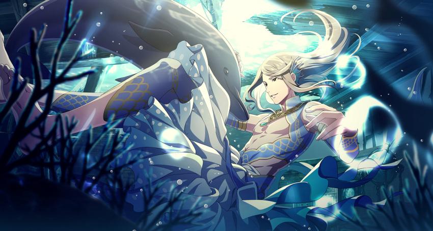 1boy air_bubble barefoot blonde_hair bubble dolphin feet fingernails fins head_fins headpat highres idolmaster idolmaster_side-m idolmaster_side-m_growing_stars koron_chris male_focus official_art smile toes topless_male underwater yellow_eyes