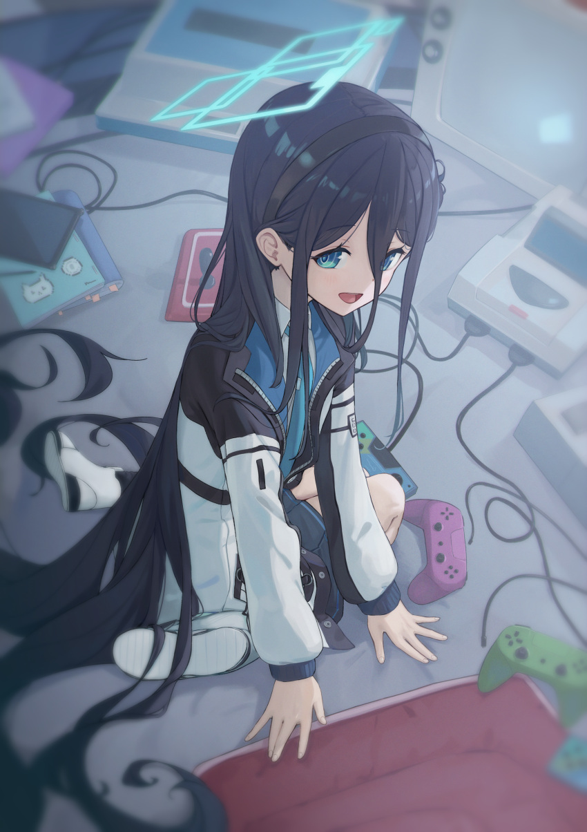 1girl absurdly_long_hair absurdres aris_(blue_archive) black_hair black_hairband blue_archive blue_eyes blue_skirt blurry commentary_request controller game_console game_controller green_halo hair_between_eyes hairband halo highres indoors jacket long_bangs long_hair long_sleeves looking_at_viewer looking_up open_clothes open_jacket open_mouth pleated_skirt shoes shoes_removed sidelocks sitting skirt smile solo two-sided_fabric two-sided_jacket uito_yzwa very_long_hair white_footwear white_jacket