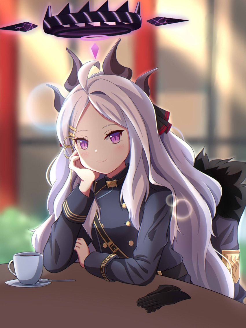 1girl ahoge arm_support belt black_coat black_gloves blue_archive blurry cafe coat coat_removed coffee coffee_mug commentary_request cup demon_girl demon_horns depth_of_field forehead fur-trimmed_coat fur_trim gloves hair_ornament hair_ribbon hairclip halo head_rest highres hina_(blue_archive) horns indoors leaning_forward long_hair long_sleeves looking_at_viewer military_uniform mug parted_bangs ponytail red_gloves ribbon sam_browne_belt sidelocks solo table uniform violet_eyes wavy_hair white_hair window yukimi_unagi