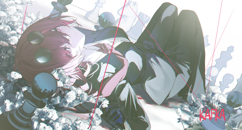 1girl absurdres black_flower black_gloves black_jacket black_pants black_rose black_suit breasts character_name chess_piece chromatic_aberration collared_shirt commentary expressionless eyewear_on_head flower formal gloves hair_between_eyes highres honkai:_star_rail honkai_(series) jacket kafka_(honkai:_star_rail) large_breasts long_hair long_sleeves looking_at_viewer lying necktie on_back on_ground pants parted_lips purple_hair purple_necktie qtian rose round_eyewear shadow shirt sidelocks solo suit sunglasses violet_eyes white_flower white_rose white_shirt