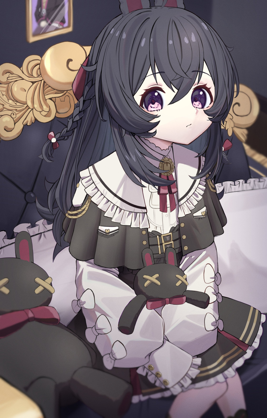 1girl absurdres animal_ears black_dress black_hair bow braid couch dress haikuyomi_(819) hair_bow harine_(pipkin_pippa) highres holding holding_stuffed_toy long_hair long_sleeves neck_ribbon on_couch phase_connect pillow pipkin_pippa pipkin_pippa_(2nd_costume) puffy_long_sleeves puffy_sleeves rabbit_ears rabbit_girl red_bow red_ribbon ribbon sailor_collar sitting sleeves_past_wrists solo stuffed_toy violet_eyes white_bow white_sailor_collar