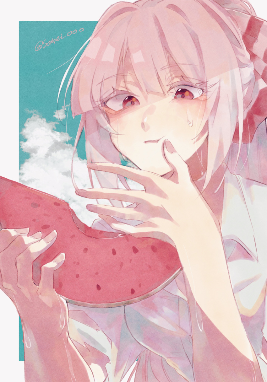 1girl absurdres border bow buttons chewing clouds collared_shirt dress_shirt eating food fruit fujiwara_no_mokou hair_bow highres red_eyes shirt solo somei_ooo sweat touhou watermelon white_border white_shirt