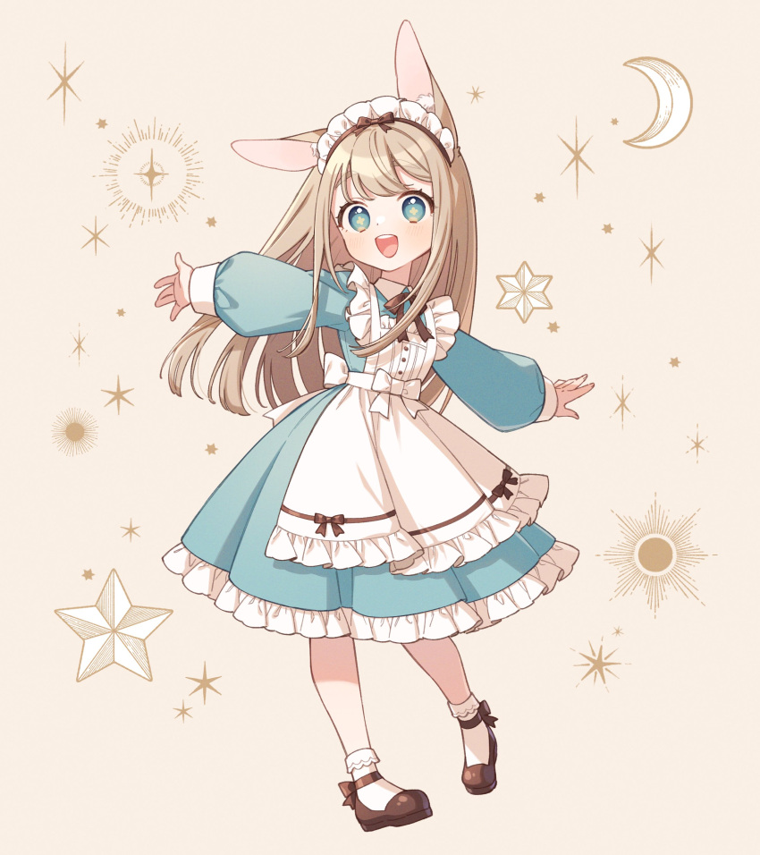 +_+ 1girl absurdres animal_ear_fluff animal_ears apron black_footwear blue_dress blue_eyes blush bobby_socks crescent dress frilled_dress frills full_body goshi-san grey_hair highres long_hair long_sleeves maid maid_headdress mary_janes open_mouth original outstretched_arms rabbit_ears shoes smile socks solo spread_arms star_(symbol) white_apron white_socks