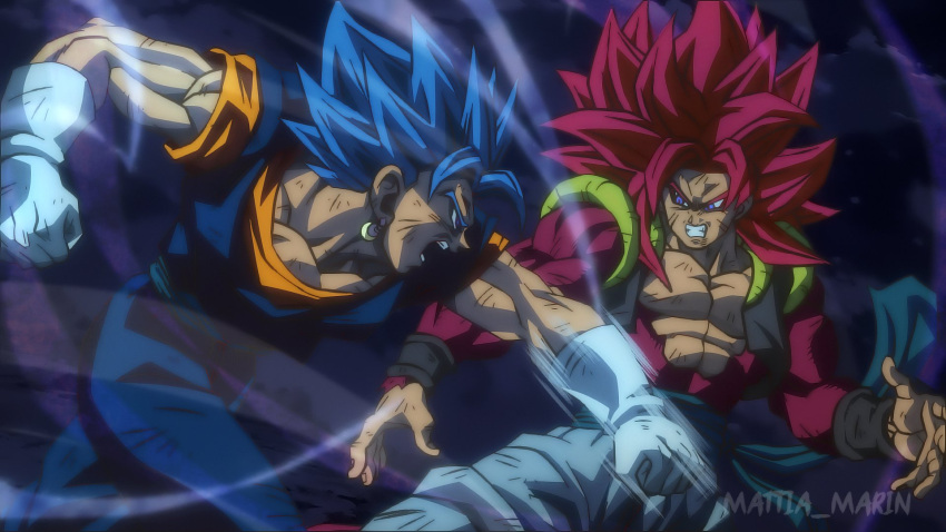 2boys attack aura black_sash black_wristband blue_eyes blue_hair blue_pants blue_sash blue_shirt clenched_teeth collaboration commentary_request dodging dragon_ball dragon_ball_gt dragon_ball_super earrings english_commentary fighting gloves gogeta highres jewelry male_focus mattia_marin metamoran_vest motion_lines multiple_boys muscular muscular_male open_mouth orange_shirt pants potara_earrings red_fur sash scuffed serious shawndrawings shirt spiky_hair super_saiyan super_saiyan_4 super_saiyan_blue teeth twitter_username v-shaped_eyebrows vegetto white_gloves white_pants