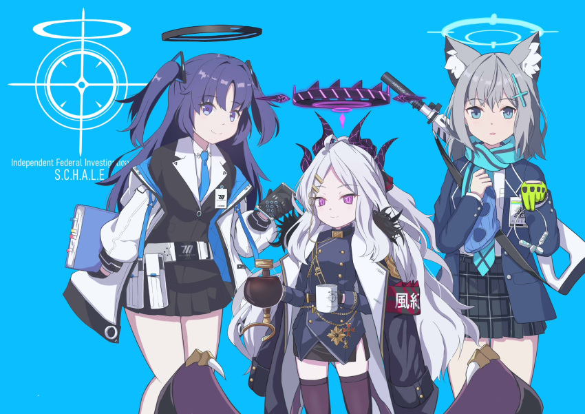 3girls ahoge animal_ear_fluff animal_ears armband assault_rifle belt belt_pouch black_coat black_gloves black_jacket black_skirt black_thighhighs blazer blue_archive blue_background blue_eyes blue_necktie blue_scarf bookmark coat coat_on_shoulders coffee coffee_mug coffee_pot collared_shirt commentary_request cross_hair_ornament cup demon_girl demon_horns demon_wings dual_wielding english_text forehead fur-trimmed_coat fur_trim gloves graphing_calculator green_gloves grey_hair gun hair_between_eyes hair_ornament hairclip halo height_difference highres hina_(blue_archive) holding holding_coffee_pot holding_cup holding_notebook horns id_card jacket leaning_forward long_hair long_sleeves looking_at_viewer medium_hair military_uniform mismatched_pupils mug multiple_girls necktie notebook open_clothes open_coat parted_bangs pencil_skirt plaid plaid_skirt pleated_skirt ponytail pouch purple_hair red_armband rifle scarf school_uniform shiroko_(blue_archive) shirt side_slit sidelocks sig_556 simple_background single_glove skirt thigh-highs triangle_hair_ornament two-tone_gloves two_side_up uniform violet_eyes wavy_hair weapon weapon_on_back white_coat white_shirt wings wireless_earphones wolf_ears wolf_girl yukimi_unagi yuuka_(blue_archive) zettai_ryouiki