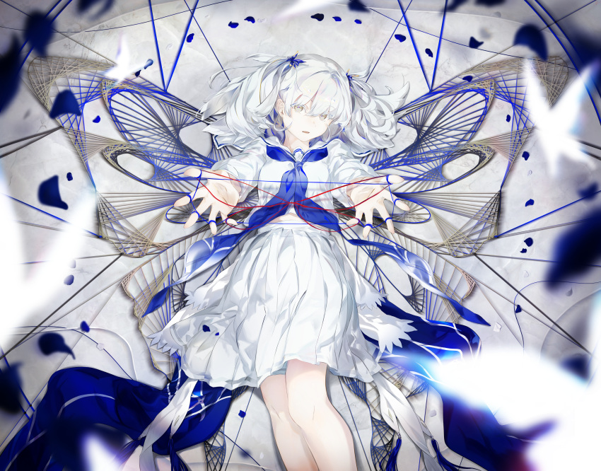 1girl absurdres blue_neckerchief blue_string bug butterfly butterfly_wings cat's_cradle highres looking_at_viewer neckerchief original pleated_skirt school_uniform serafuku skirt string white_hair white_serafuku white_skirt wings xettia