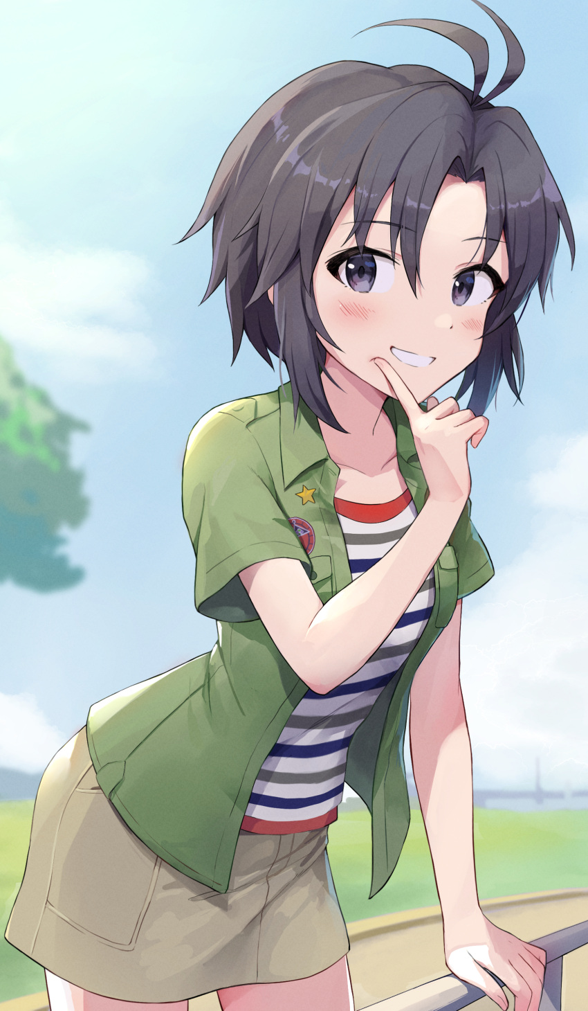 1girl absurdres antenna_hair black_eyes black_hair blue_shirt blue_sky blurry blurry_background blush breast_poke breasts bridge brown_skirt clouds collarbone commentary cowboy_shot day finger_to_mouth from_side grass green_shirt grey_shirt grin hand_on_railing hand_up highres idolmaster idolmaster_(classic) index_finger_raised kikuchi_makoto leaning_forward looking_at_viewer looking_to_the_side miniskirt multicolored_shirt open_clothes open_shirt outdoors overshirt parted_bangs patch poking railing red_shirt shirt short_hair shuucream_(syuichi) simple_background skirt sky small_breasts smile solo standing star_(symbol) white_shirt