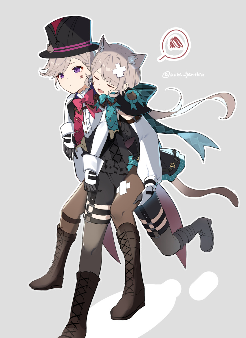 1boy 1girl absurdres animal_ears azna black_footwear black_headwear boots carrying cat_ears cat_girl cat_tail closed_eyes closed_mouth cross-laced_footwear facial_mark genshin_impact gloves grey_background hat highres knee_boots lace-up_boots long_hair long_sleeves lynette_(genshin_impact) lyney_(genshin_impact) open_mouth pantyhose piggyback simple_background spoken_squiggle squiggle star_(symbol) star_facial_mark sweat tail teardrop_facial_mark thigh-highs top_hat twitter_username violet_eyes
