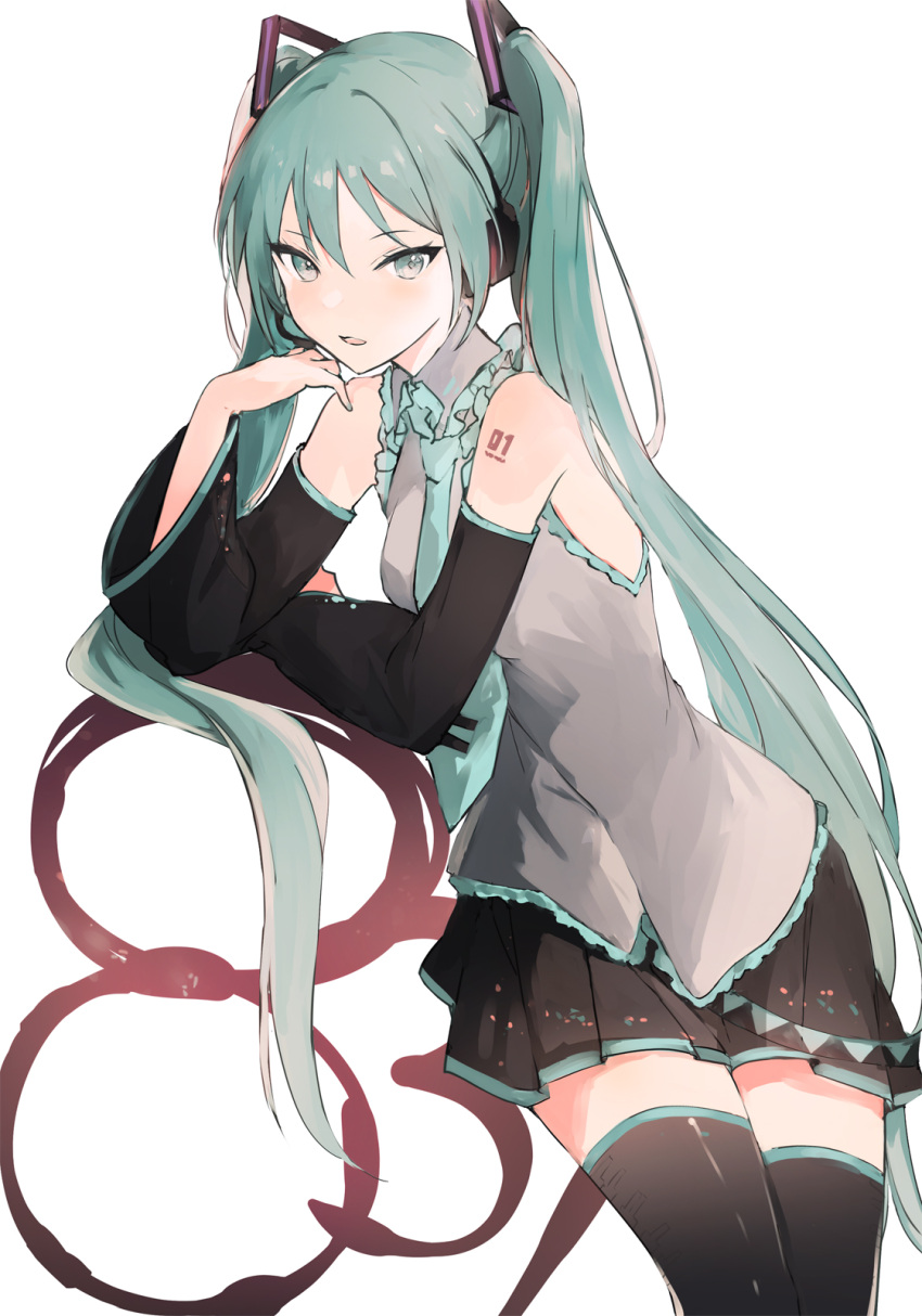1girl bare_shoulders black_skirt black_sleeves black_thighhighs blue_necktie collared_shirt commentary_request feet_out_of_frame frilled_shirt_collar frills green_eyes green_hair grey_shirt hair_between_eyes hatsune_miku headphones headset highres long_hair long_sleeves looking_at_viewer lpip necktie parted_lips pleated_skirt shirt simple_background skirt sleeveless sleeveless_shirt solo thigh-highs tie_clip twintails very_long_hair vocaloid white_background wide_sleeves