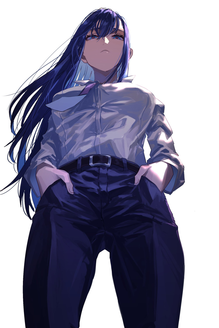 1girl belt black_belt blue_eyes blue_pants breasts closed_mouth collared_shirt cowboy_shot dress_shirt formal from_below hair_between_eyes hands_in_pockets highres large_breasts long_hair looking_down necktie original pants purple_hair purple_necktie rasetsu001 red_pupils shirt shirt_tucked_in solo standing white_background white_shirt