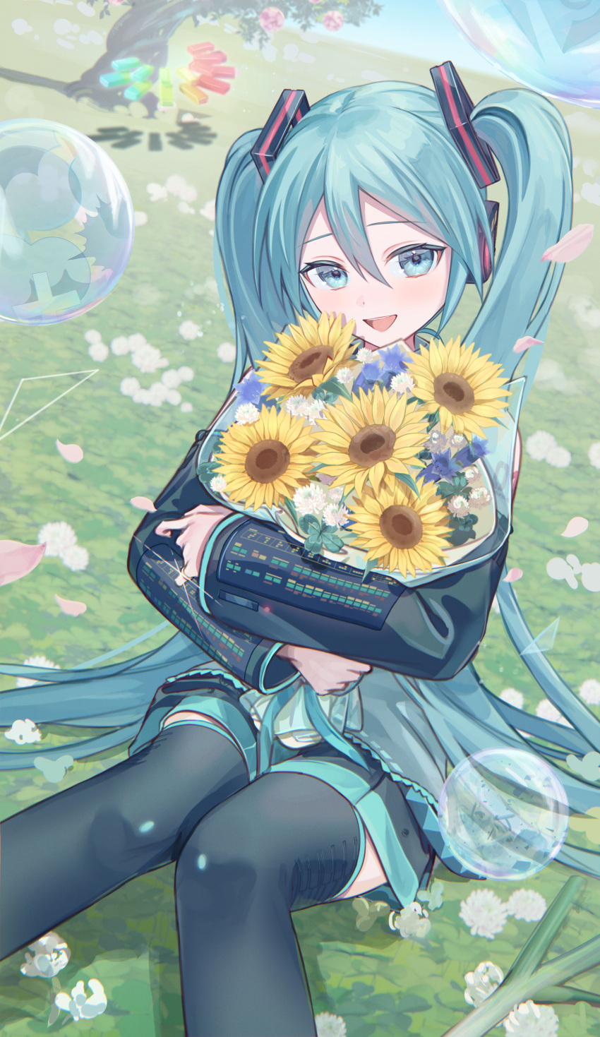1girl :d absurdres black_skirt black_sleeves black_thighhighs blue_eyes blue_hair blush bouquet day detached_sleeves dot_nose dutch_angle falling_petals feet_out_of_frame field floating flower grass hair_between_eyes hair_ornament hatsune_miku headset highres holding holding_bouquet horizon knees_together_feet_apart long_hair long_sleeves looking_at_viewer miniskirt object_hug open_mouth outdoors petals piano_keys pleated_skirt raised_eyebrows shadow sidelocks skirt smile solo sunflower teeth thigh-highs tree twintails upper_teeth_only very_long_hair vocaloid vs0mr white_flower yellow_flower