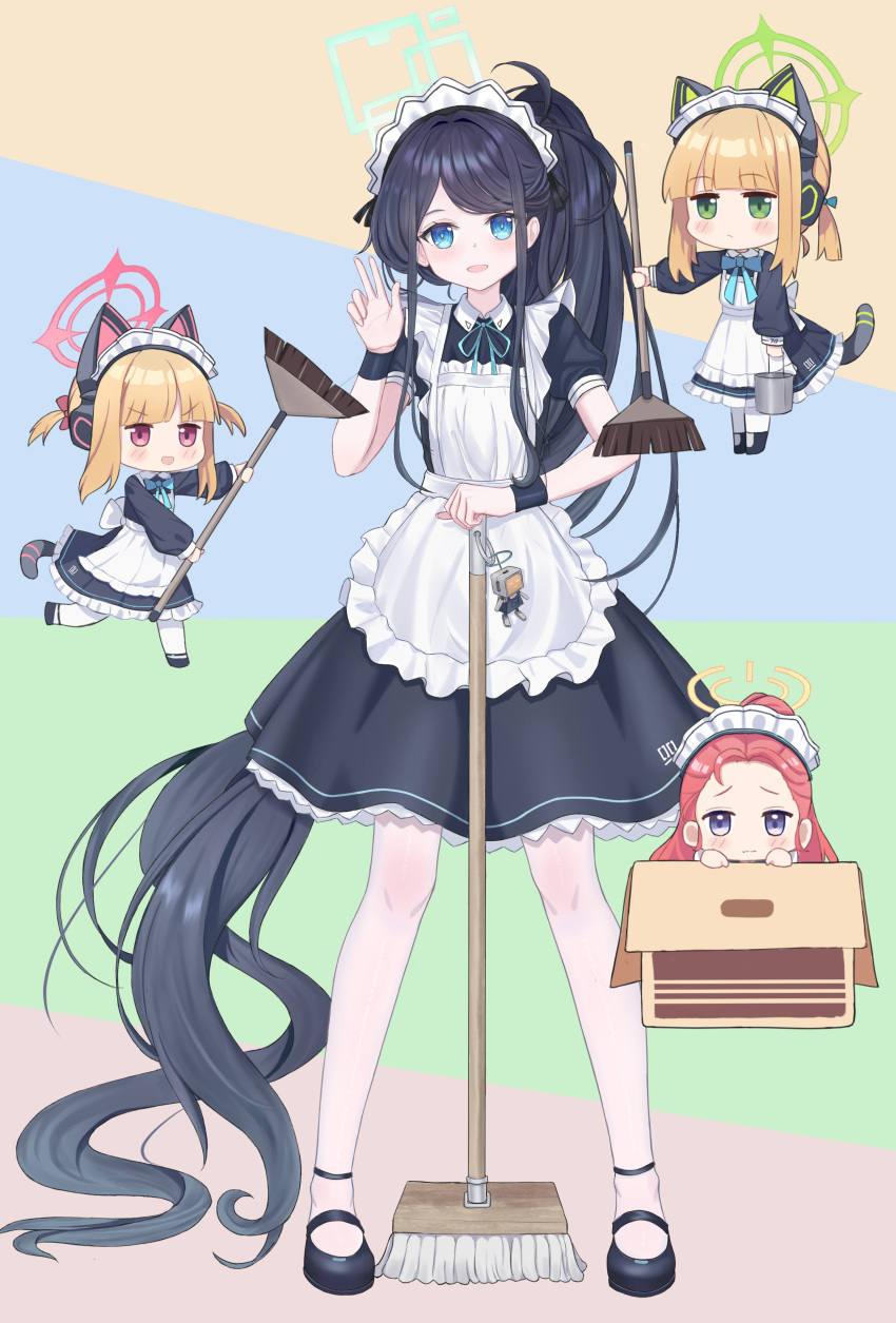 &lt;key&gt;_(robot)_(blue_archive) 4girls absurdly_long_hair absurdres animal_ear_headphones animal_ears anklet apron aris_(blue_archive) aris_(maid)_(blue_archive) black_hair blue_archive blue_eyes blunt_bangs box broom cardboard_box cat_ear_headphones cat_tail chibi chibi_inset commentary_request fake_animal_ears fake_tail forehead frilled_apron frills full_body game_development_department_(blue_archive) green_eyes halo headphones hgdnmlj highres holding holding_broom holding_mop in_box in_container jewelry light_brown_hair long_hair long_sleeves looking_at_viewer maid maid_apron maid_headdress mary_janes midori_(blue_archive) midori_(maid)_(blue_archive) momoi_(blue_archive) momoi_(maid)_(blue_archive) mop multiple_girls official_alternate_costume official_alternate_hairstyle pantyhose parted_bangs peeking_out ponytail red_eyes redhead shoes short_hair short_sleeves side_ponytail sidelocks simple_background standing tail v v-shaped_eyebrows very_long_hair violet_eyes white_apron white_pantyhose wristband yuzu_(blue_archive) yuzu_(maid)_(blue_archive)