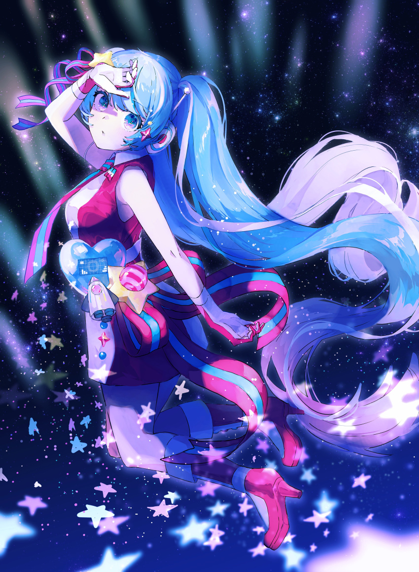 1girl absurdres bare_shoulders blue_eyes blue_hair feet_up floating floating_hair from_side full_body future_eve_(vocaloid) gloves gradient_hair hand_on_own_head haruta_(user_dndp3458) hatsune_miku headset high_heels highres legs_apart light_rays long_bangs long_hair looking_at_viewer multicolored_hair open_hands parted_lips purple_hair red_footwear red_gloves red_shirt shading_eyes shirt sidelocks sleeveless sleeveless_shirt solo space star_(sky) star_(symbol) thighs twintails very_long_hair vocaloid