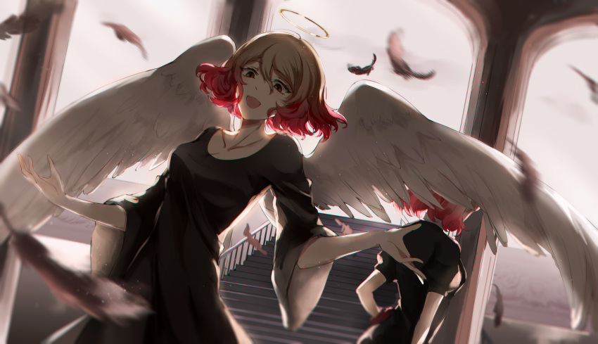 2girls :d absurdres angel_wings arch back-to-back backlighting bell_sleeves black_dress black_feathers black_jacket blonde_hair bob_cut cathy_(satsuriku_no_tenshi) collarbone covered_face dress dual_persona facing_away feathers gradient_hair green_eyes hair_between_eyes halo highres jacket long_sleeves looking_at_viewer multicolored_hair multiple_girls outstretched_hand pink_hair puffy_short_sleeves puffy_sleeves qianlilingjiang satsuriku_no_tenshi short_hair short_sleeves smile stairs wings