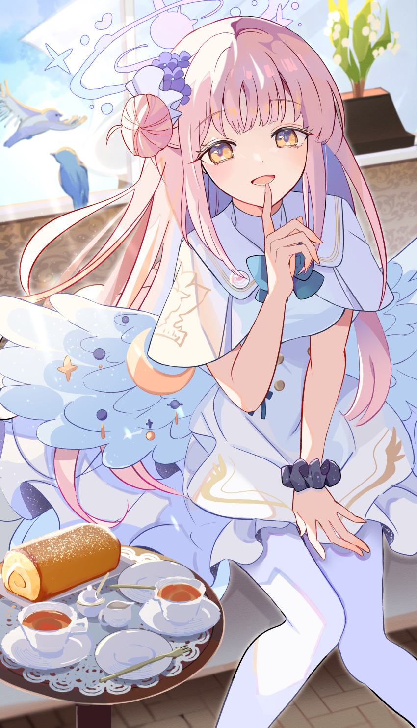 1girl absurdres bird blue_archive breasts cake capelet commentary_request cup dress feathered_wings flower food fork hair_bun hair_flower hair_ornament halo hand_up highres index_finger_raised knees_together_feet_apart long_hair looking_at_viewer looking_up low_wings medium_breasts mika_(blue_archive) open_mouth pantyhose pink_hair purple_halo scrunchie single_hair_bun sitting smile solo swiss_roll teacup utakapen white_capelet white_dress white_pantyhose white_wings wing_ornament wings wrist_scrunchie yellow_eyes