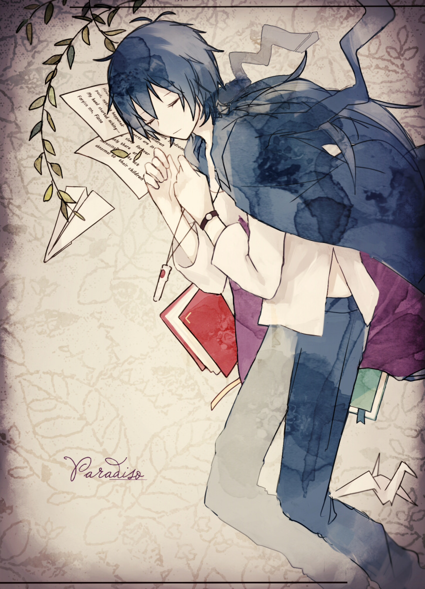 1boy alicemare black_cape black_hair blue_pants book cape closed_eyes closed_mouth highres jewelry long_sleeves male_focus necklace origami pale_skin pants paper paper_airplane paper_crane sensei_(alicemare) shiro_kunugi shirt short_hair solo watch watch white_shirt