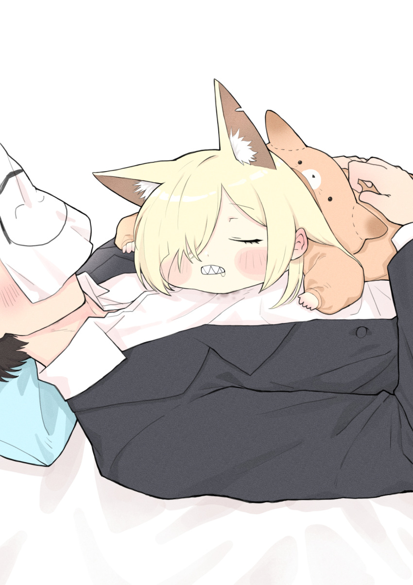1boy 1girl aged_down animal_costume animal_ear_fluff animal_ears arona's_sensei_doodle_(blue_archive) bed bed_sheet black_hair blonde_hair blue_archive business_suit commentary_request dog_costume dog_ears dog_girl drooling extra_ears faceless faceless_male hair_over_one_eye highres hug kanna_(blue_archive) long_bangs long_hair long_sleeves lying_on_person on_bed out_of_frame pillow sensei_(blue_archive) sharp_teeth shirt sidelocks simple_background sleeping sleeping_on_person sleepwear suit teeth white_shirt yosik