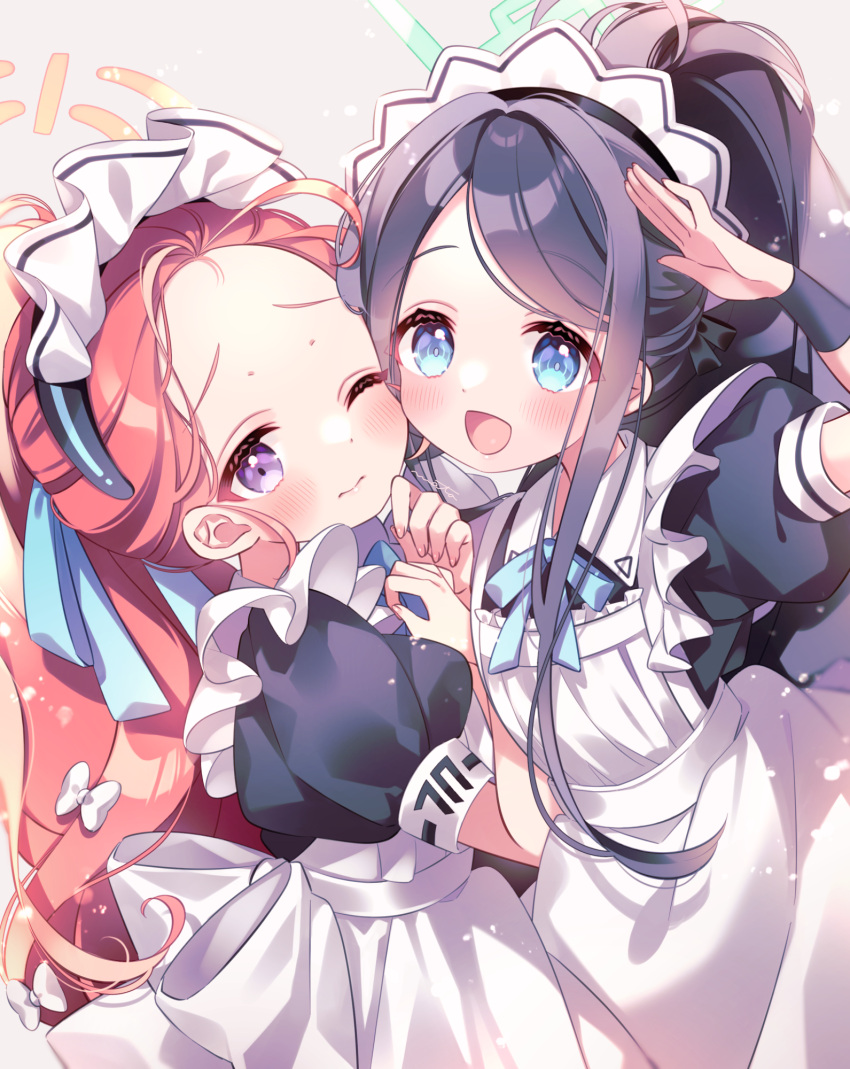 apron aris_(blue_archive) aris_(maid)_(blue_archive) black_hair black_wristband blue_archive blue_eyes blush bow closed_mouth commentary_request forehead green_halo hair_bow halo hand_up hands_up highres long_hair looking_at_viewer maid maid_apron maid_headdress mata official_alternate_costume one_eye_closed open_mouth orange_halo ponytail puffy_short_sleeves puffy_sleeves salute short_sleeves smile upper_body violet_eyes white_apron white_bow yuzu_(blue_archive) yuzu_(maid)_(blue_archive)