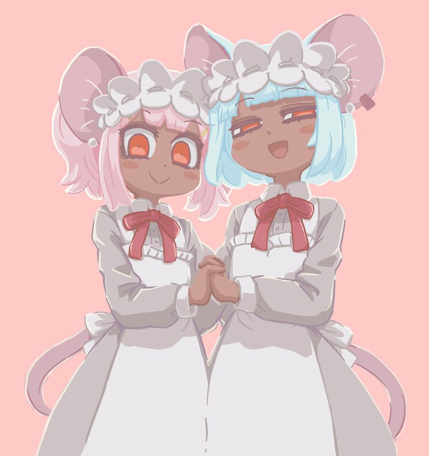 2girls animal_ears apron blue_hair blush_stickers daikokuten_(fate) dark-skinned_female dark_skin dress fate/grand_order fate_(series) grey_dress half-closed_eyes highres holding_hands looking_at_viewer maid maid_headdress mouse_ears mouse_girl mouse_tail multiple_girls neck_ribbon open_mouth pink_background pink_hair red_ribbon ribbon riyo_(lyomsnpmp) short_hair simple_background smile tail