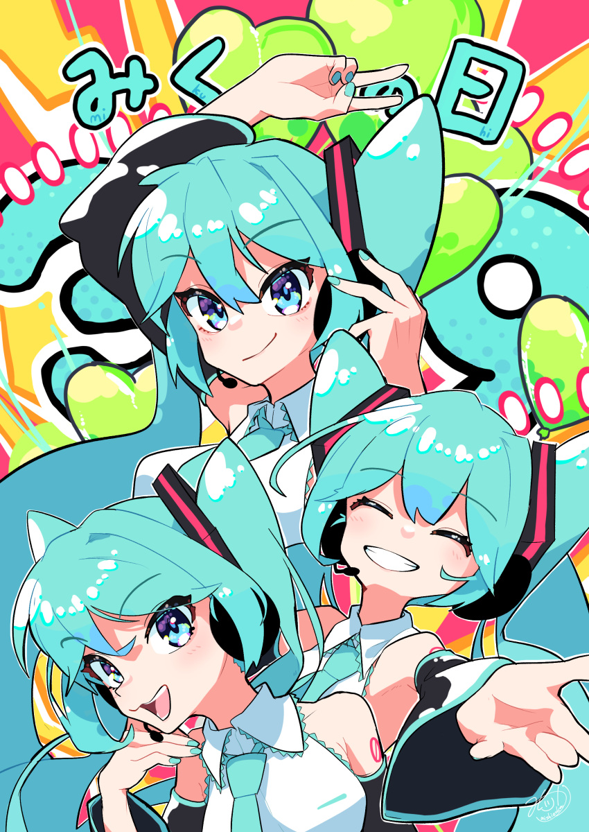 3girls :d absurdres armpit_crease bare_shoulders blue_eyes blue_hair blue_nails blue_necktie blush clone closed_eyes closed_mouth collarbone collared_shirt double_v facing_viewer grin hair_between_eyes hands_up hatsune_miku headset highres kinosuke_(pattaba) long_hair looking_at_viewer microphone miku_day multiple_girls nail_polish necktie number_tattoo open_hand open_mouth outstretched_arm raised_eyebrows reaching reaching_towards_viewer shirt sidelocks sleeveless sleeveless_shirt smile tattoo teeth twintails upper_body v very_long_hair vocaloid white_shirt